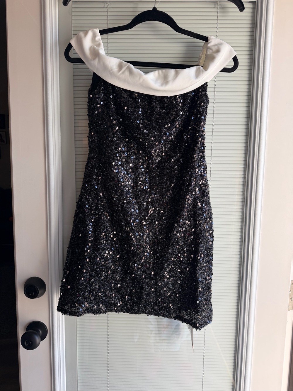 Cider Black Sequin Mini Dress with White Foldover Collar
